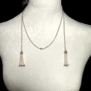 Lagos Estate Two Tone Caviar Pearl Double Tassel Lariat Station Necklace
